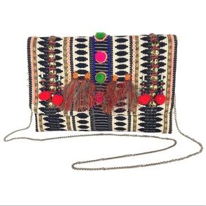 CHARADE Bohemian Pom Pom Clutch w/ Chain Crossbody Multicolor Handbag Purse